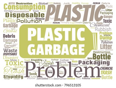 Ecology concept vector illustration. Plastic garbage global problem. Disposable packaging danger. Word cloud