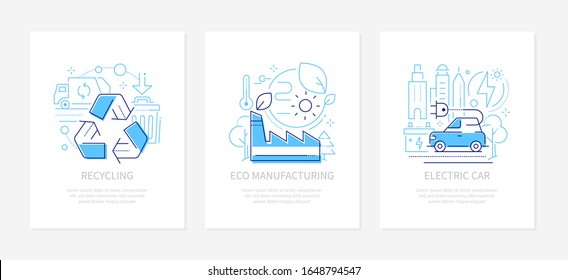 Ecology concept - vector line design style banners set with place for text. Recycling, eco manufacturing, electric car linear illustrations. Green machinery, waste sorting, energy saving infographics