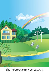 Ecology Concept Vector: modern village landscape. 