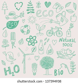 Ecology concept vector set in vector. Eco elements Ã¢Â?Â? wind power plant, tree, car, bicycle, lightbulb, atom, watering can, leafs, birds, bottle and other