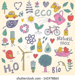 Ecology concept vector set in vector. Eco elements, wind power plant, tree, car, bicycle, lightbulb, atom, watering can, leafs, birds, bottle and other