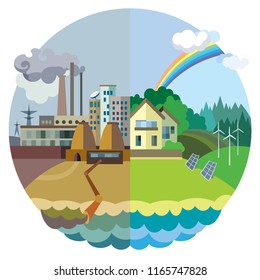 Ecology Concept Vector: urban and village landscape. Environmental pollution and environment protection