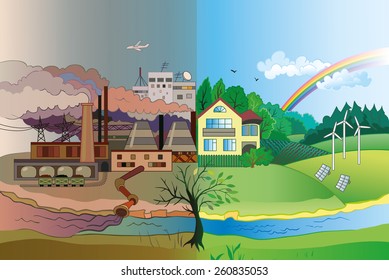 Ecology Concept Vector: urban and village landscape. 
Environmental pollution and environment protection.