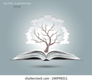 Ecology concept, White paper tree growing from an open book, Vector illustration modern design template