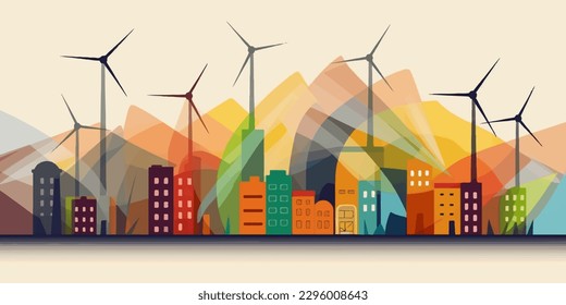 Ecology concept with wind turbines and city skyline. Vector illustration.