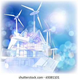 Ecology concept: wind-driven generators & house with solar power systems