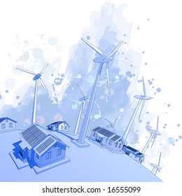 Ecology concept: wind-driven generators & houses with solar power systems