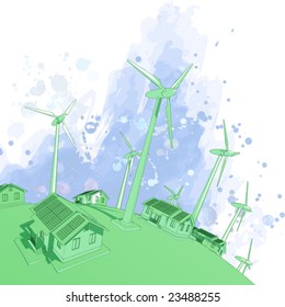 Ecology concept: wind-driven generators & houses with solar power systems
