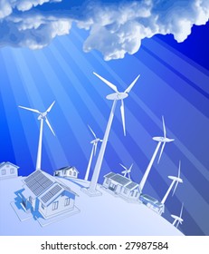 ecology concept: wind-driven generators & houses with solar power systems