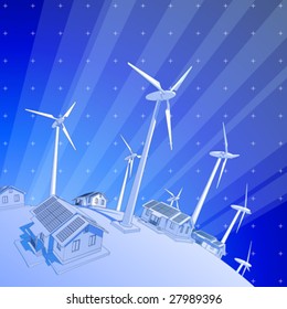 ecology concept: wind-driven generators & houses with solar power systems