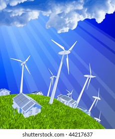 ecology concept: wind-driven generators, houses with solar power systems, blue sky & green grass