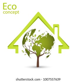 Ecology concept, wood, in the form of a map of the world, inside a green house, Environmentally friendly world. Illustration of ecology the concept of info graphics. 