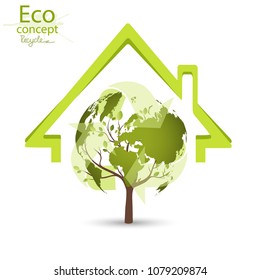 Ecology concept, wood, in the form of a map of the world, inside a green house, Environmentally friendly world. Illustration of ecology the concept of info graphics. Simple modern minimalistic style.