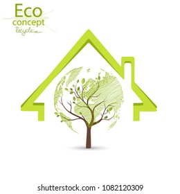 Ecology concept, wood, in the form of a map of the world, inside a green house, Environmentally friendly world. Illustration of ecology the concept of info graphics. Simple modern minimalistic style.