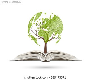 Ecology concept, wood, in the form of a map of the world, rising from an open book, vector illustration modern template design