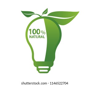 Ecology concept,energy saving light bulb green,100 percent natural label,vector illustration