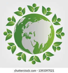 ecology concept.green teamwork leaves with around the globe.Vector illustration 
