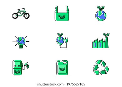 Ecology Conceptual Green Icon Set Vector Illustration Design eye-catching icon set. Perfect for website, presentation, application, social media, and many more. Icon set design outline color style