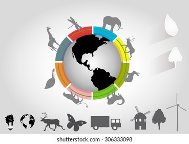 Ecology conceptual  wildlife protection vector illustration. animals, globe elements.