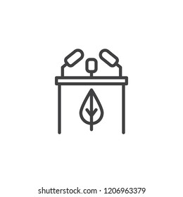 Ecology Conference Tribune outline icon. linear style sign for mobile concept and web design. Podium with microphone simple line vector icon. Symbol, logo illustration. Pixel perfect vector graphics