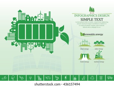 Ecology connection battery concept background . Vector 

infographic illustration

