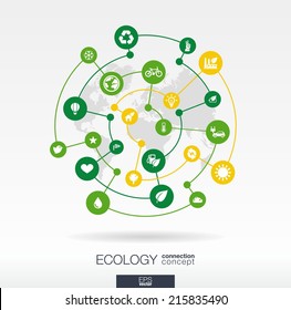 Ökologie-Verbindungskonzept. Abstrakter Hintergrund mit integrierten Kreisen und Symbolen für umweltfreundliche, energetische, ökologische, ökologische, ökologische, recycelte, biologische und globale Konzepte. Vektorgrafik-Infografik