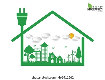 Ecology connection electrical plug concept background . Vector 

infographic illustration
