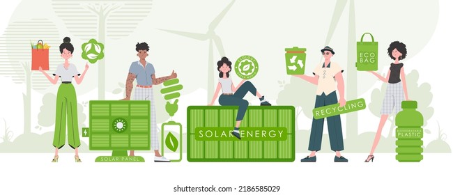 Ecology conscious concept with people. trendy style. Vector illustration.