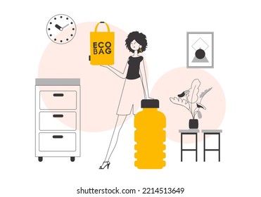 Ecology conservation concept. The girl is holding an eco-package in her hands. Lineart trendy style.