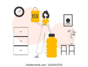 Ecology conservation concept. The girl is holding an eco-package in her hands. Linear modern style.