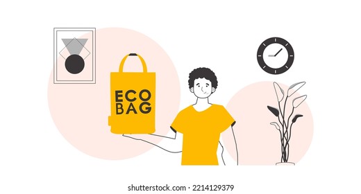 Concepto de conservación ecológica. El tipo tiene un paquete ecológico en sus manos. Estilo lineal.