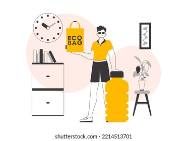 Ökologische Schutzkonzeption. Der Typ hält ein Öko-Paket in den Händen. Line Art Stil.