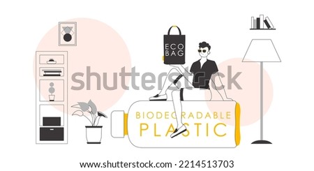 Ecology conservation concept. A man holds an eco-package in his hands. Lineart style.