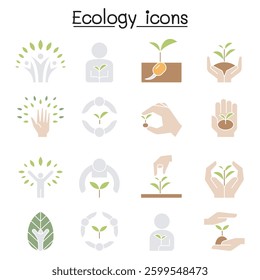Ecology, Conservation, Eco friendly, save the world icon set in flat color style