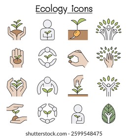 Ecology, Conservation, Eco friendly, save the world icon set in colorline style