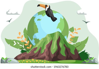 Ecology, conservation of flora and fauna, environmental protection. Toucan sitting on planet surrounded by wildlife. Representative of biodiversity of Earth. Wild tropical bird in nature landscape