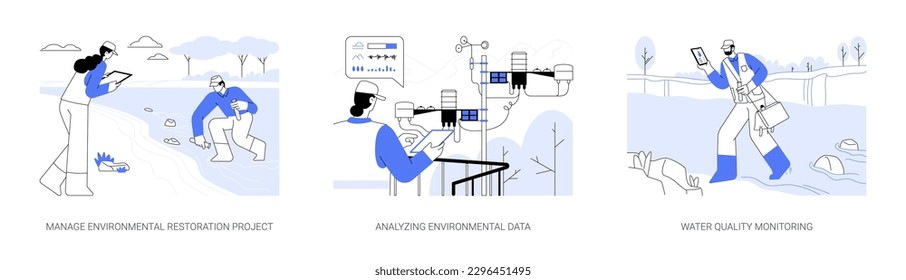 Ecology control abstract concept vector illustration set. Manage environmental restoration project, analyzing environmental data, water quality monitoring, planet saving project abstract metaphor.