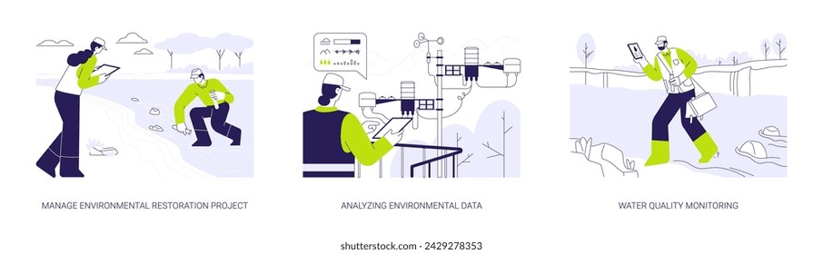 Ecology control abstract concept vector illustration set. Manage environmental restoration project, analyzing environmental data, water quality monitoring, planet saving project abstract metaphor.