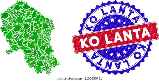 Ecology Cordoba Spanish Province map collage of herbal leaves in green color variations and grunge bicolor Ko Lanta seal. Red and blue bicolored badge with grunge texture and Ko Lanta caption.