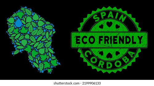 Ecology Cordoba Spanish Province map collage of floral leaves and water drops, and ECO FRIENDLY quality stamp. Cordoba Spanish Province map is formed of green herbal parts and blue water drops.