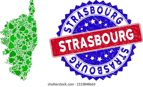 Ecology Corsica France Island map collage of herbal leaves in green color tints with grunge bicolor Strasbourg seal. Red and blue bicolored imprint with grunge surface and Strasbourg caption.