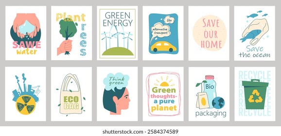 Ecology cover typography template for posters, prints. Minimalistic banners set with save water, plant trees, alternative transport, industry, eco bag, think green, bio, other. Vector illustration.