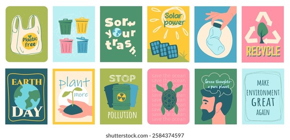 Ecology cover typography template for posters, prints. Minimalistic banners set with plastic free, trash bin, separate, sorting, solar power, recycling, Earth day, plant, other. Vector illustration.