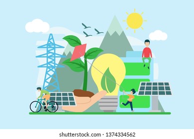 ecology creative illustration vector of energy graphic , small people in ecology energy illustration vector , save the planet, save energy, Earth Day concept vector