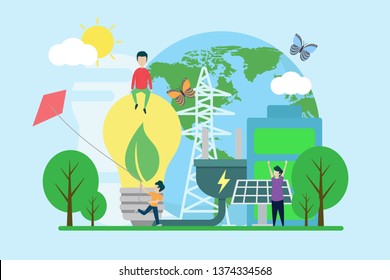 ecology creative illustration vector of energy graphic , small people in ecology energy illustration vector , save the planet, save energy, Earth Day concept vector