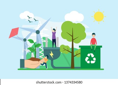 ecology creative illustration vector of energy graphic , small people in ecology energy illustration vector , save the planet, save energy, Earth Day concept vector