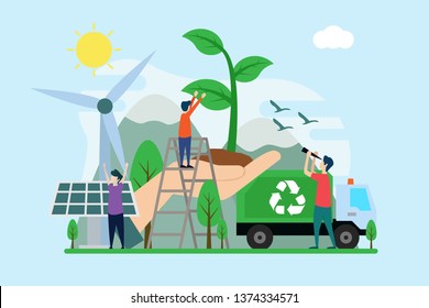 ecology creative illustration vector of nature graphic , small people in ecology energy illustration vector , save the planet, save energy, Earth Day concept vector