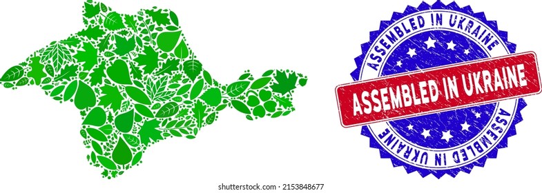 Ecology Crimea map collage of herbal leaves in green color tints with grunge bicolor Assembled in Ukraine stamp. Red and blue bicolored imprint with grunge texture and Assembled in Ukraine word.