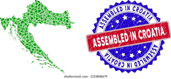 Ecology Croatia map mosaic of floral leaves in green color hues and grunge bicolor Assembled in Croatia stamp. Red and blue bicolored stamp with unclean surface and Assembled in Croatia phrase.