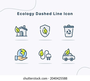ecology dash line icon collection package white isolated background with modern flat cartoon style